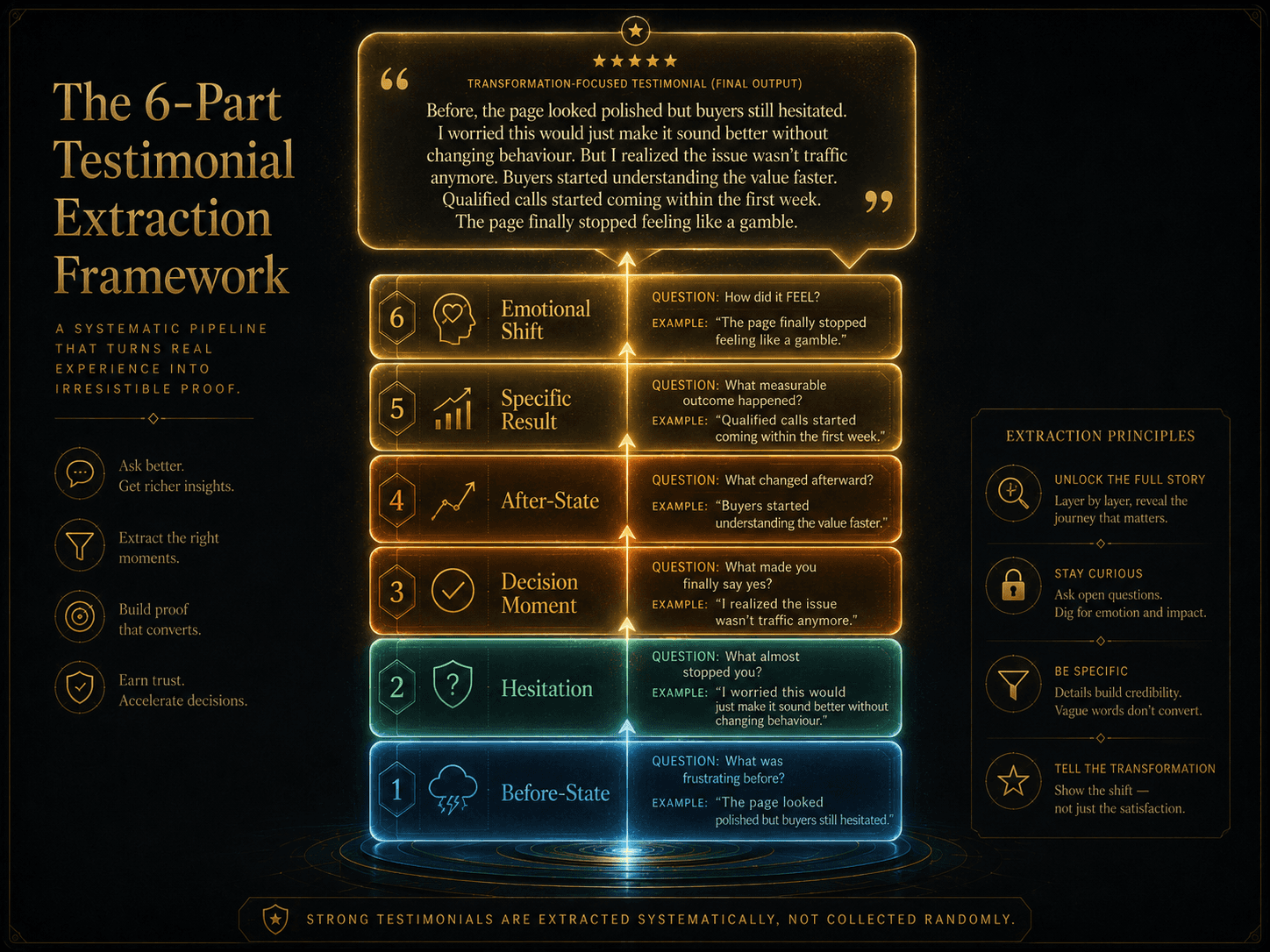 “The 6-Part Testimonial Extraction Framework” Concept: A vertical, 6-layer extraction pipeline. Each layer represents one part of the framework with extraction questions and examples:  Layer 1 (Base — Before-State): “What was frustrating before?” — Example: “The page looked polished but buyers still hesitated.” — Cool blue  Layer 2 (Hesitation): “What almost stopped you?” — Example: “I worried this would just make it sound better without changing behaviour.” — Soft teal  Layer 3 (Decision Moment): “What made you finally say yes?” — Example: “I realized the issue wasn't traffic anymore.” — Warm amber  Layer 4 (After-State): “What changed afterward?” — Example: “Buyers started understanding the value faster.” — Deep orange  Layer 5 (Specific Result): “What measurable outcome happened?” — Example: “Qualified calls started coming within the first week.” — Dark gold  Layer 6 (Top — Emotional Shift): “How did it FEEL?” — Example: “The page finally stopped feeling like a gamble.” — Glowing bright gold  A glowing beam passes from the base through all layers, emerging at the top as a complete, transformation-focused testimonial.  Style: Architectural extraction pipeline meets luxury UI. Dark background, glass-morphism, gradient from cool blue to bright gold. Thin gold connecting lines.  Interaction: Hovering any layer expands detailed extraction questions and weak vs strong examples. Clicking the layer opens a mini-worksheet for that part. A “Extract My Testimonial” button guides users through interviewing a client.