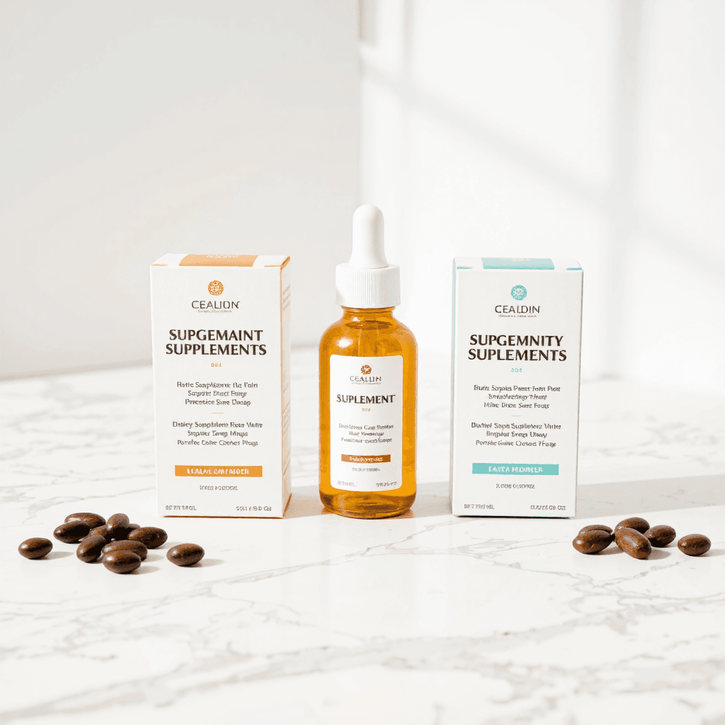product photography of Two boxes of dietary supplements and a bottle of liquid supplement