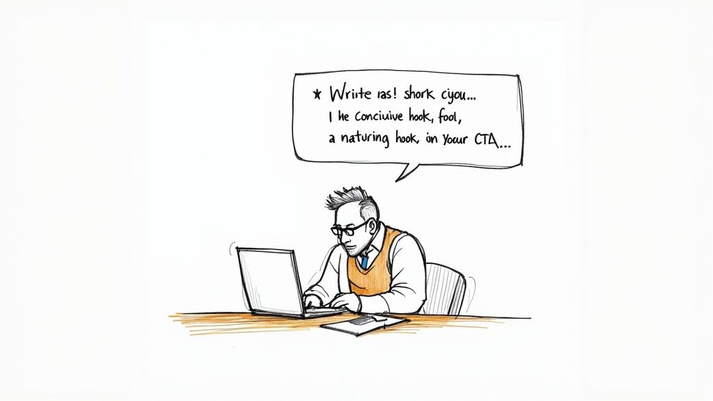 Illustration of a man at a desk with a laptop, receiving unclear writing instructions.