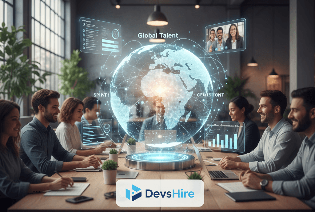 Remote developers collaborating on DevShire’s digital workspace platform.
