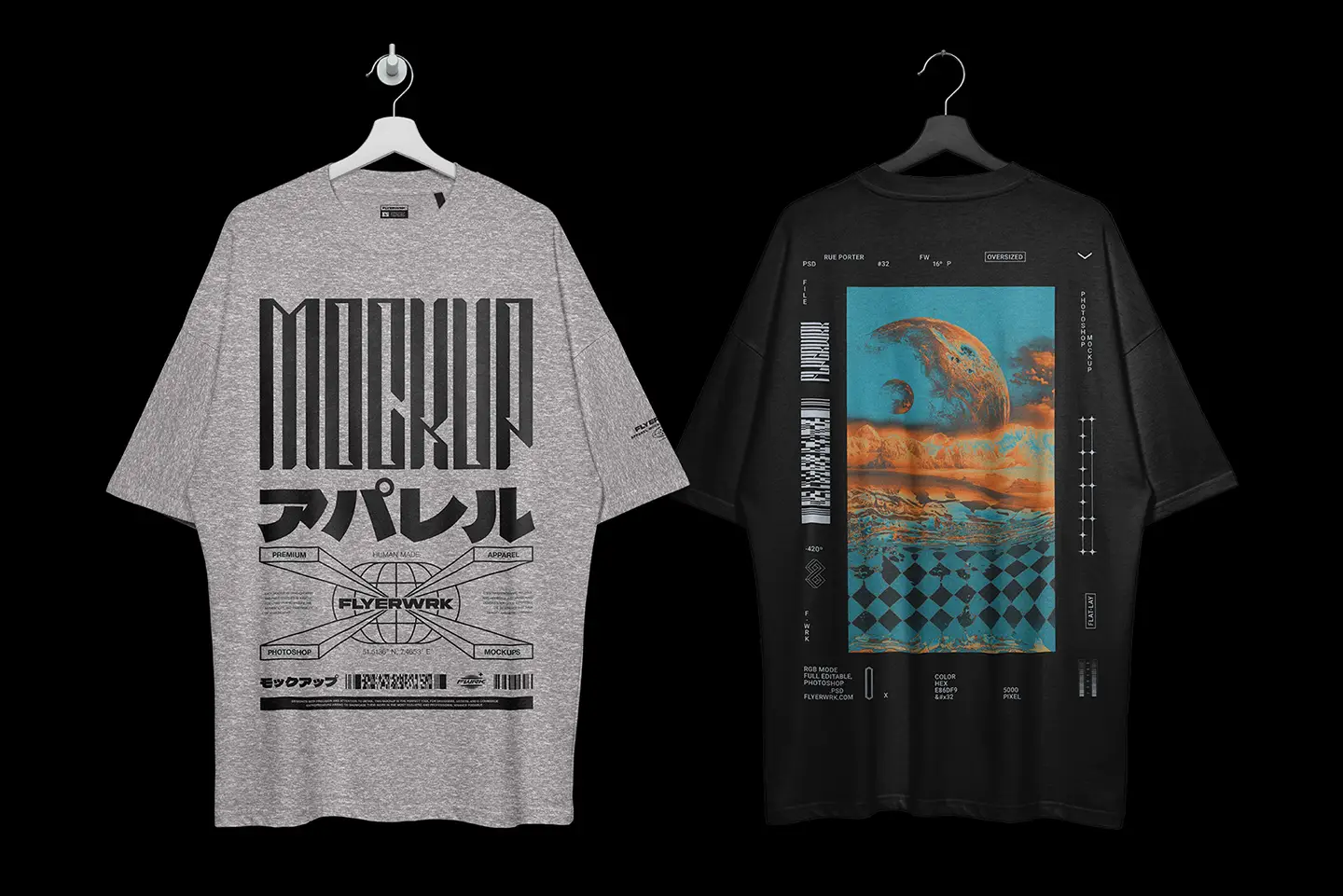 Rue Porter T-Shirt hanging mockup showing front and back design preview