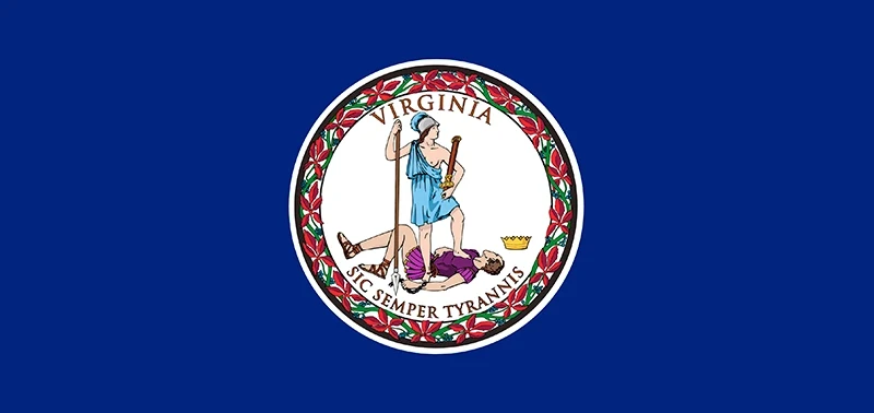 Flag of Virginia features the state seal on a deep blue background. The seal shows Virtus, a female warrior, standing over a defeated tyrant, symbolizing victory.