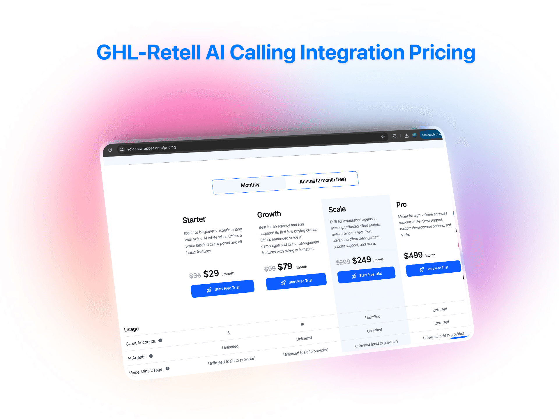 GHL-Retell AI calling integration pricing page showing four tiers from Starter at $29/month to Pro at $499/month with feature comparison | VoiceAIWrapper