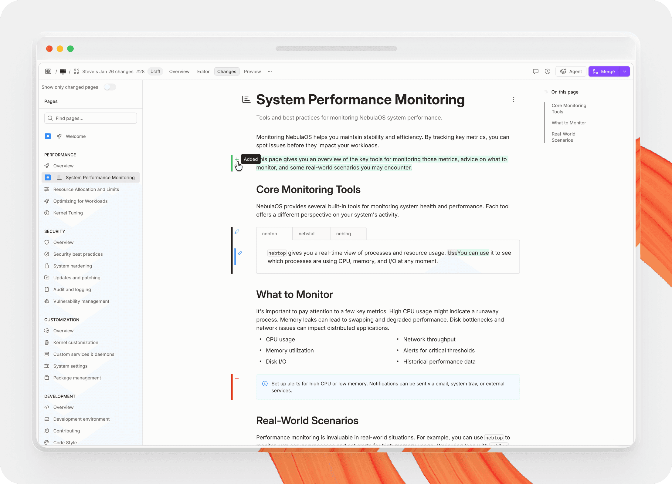 A screenshot showing diff mode in GitBook.