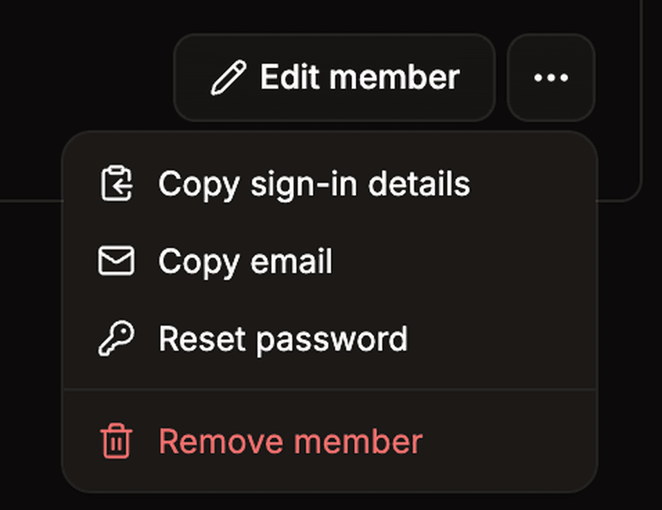 Member actions menu with copy sign-in details, copy email, reset password, and remove member