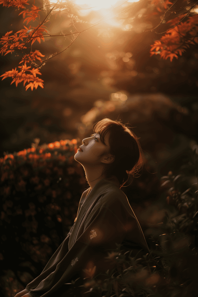 A woman looking up surrounded by trees and bushes