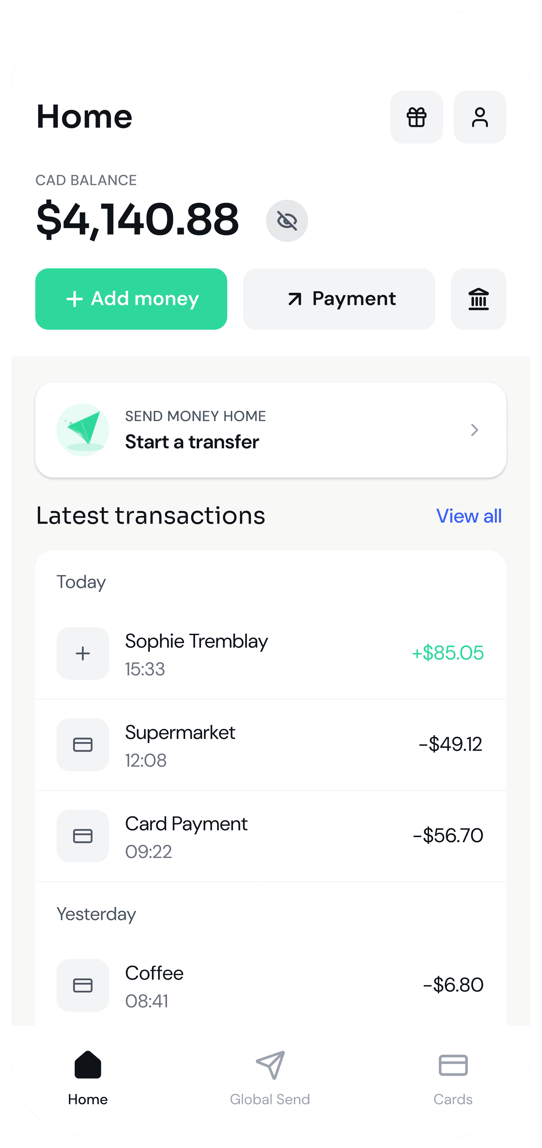 Odola US international money transfer app home screen on iPhone showing USD balance, Visa debit card, add money, payments, and “send money home” for immigrants sending money abroad.