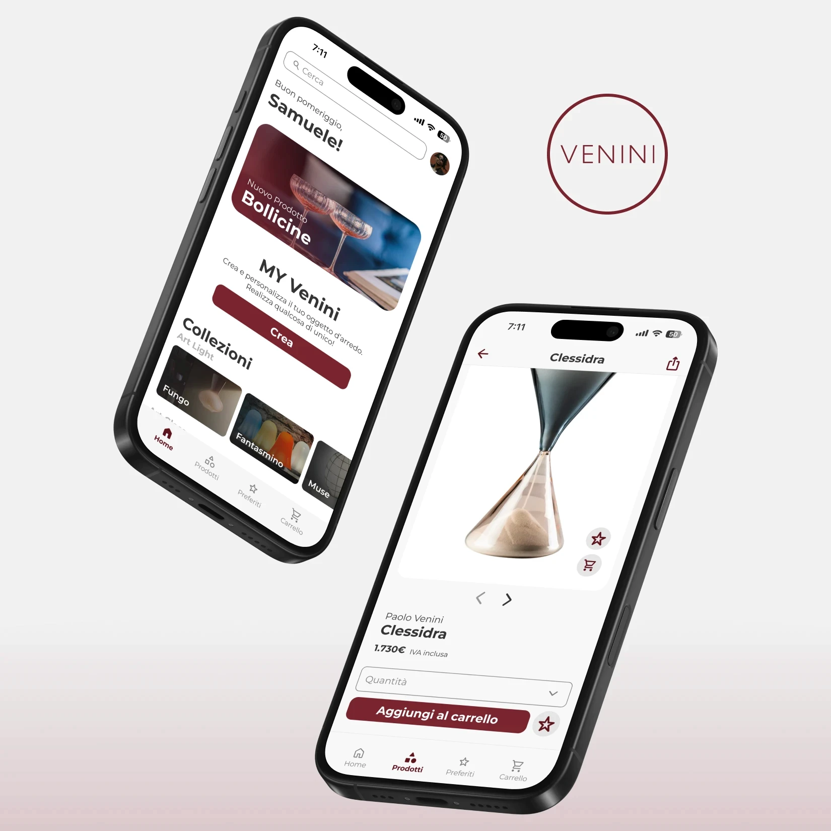 Mockup mobile dell'app Venini