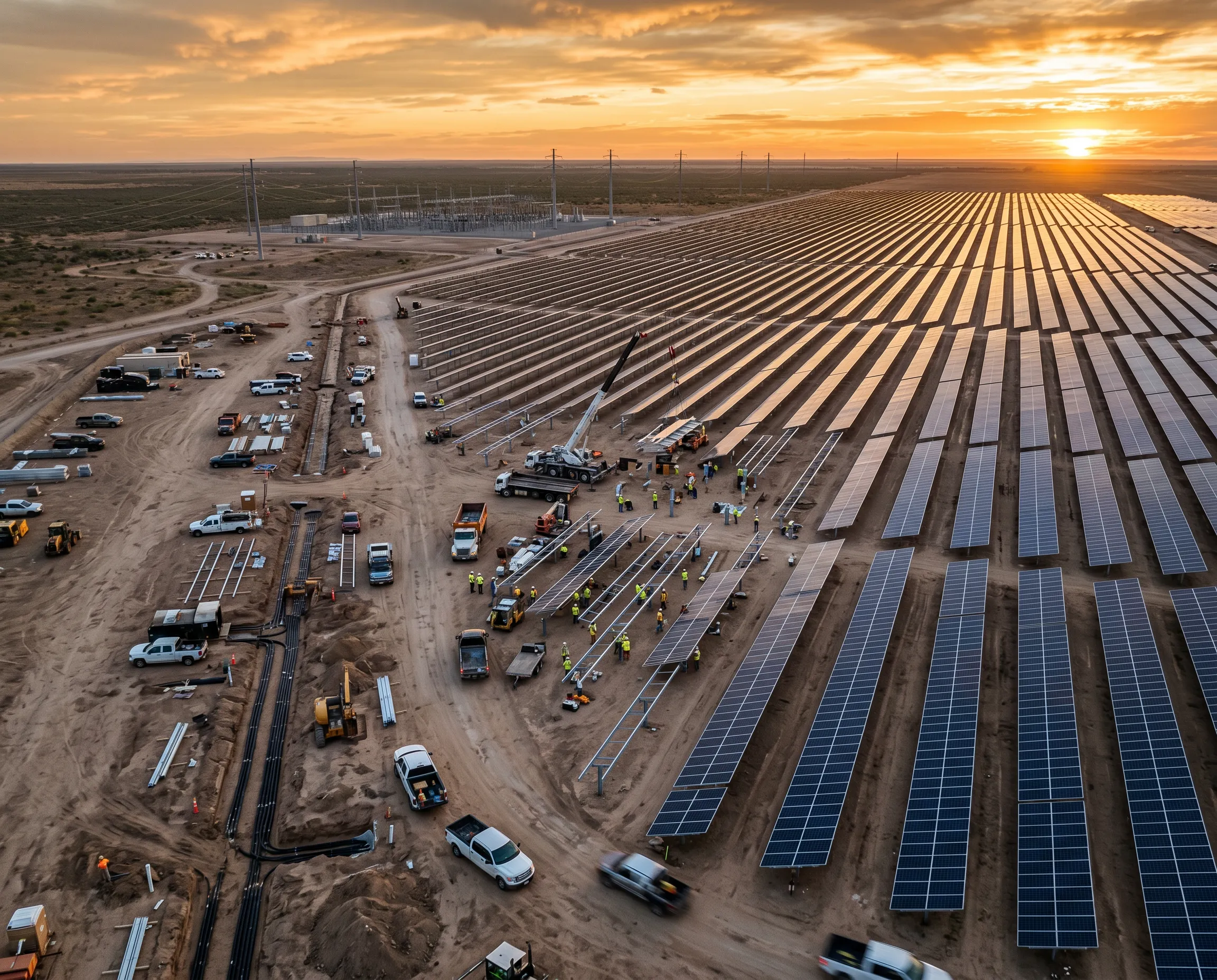 Aerial view of a large utility-scale solar farm under construction, with long rows of solar panels stretching across a desert landscape and construction vehicles and workers visible between the arrays at sunset.