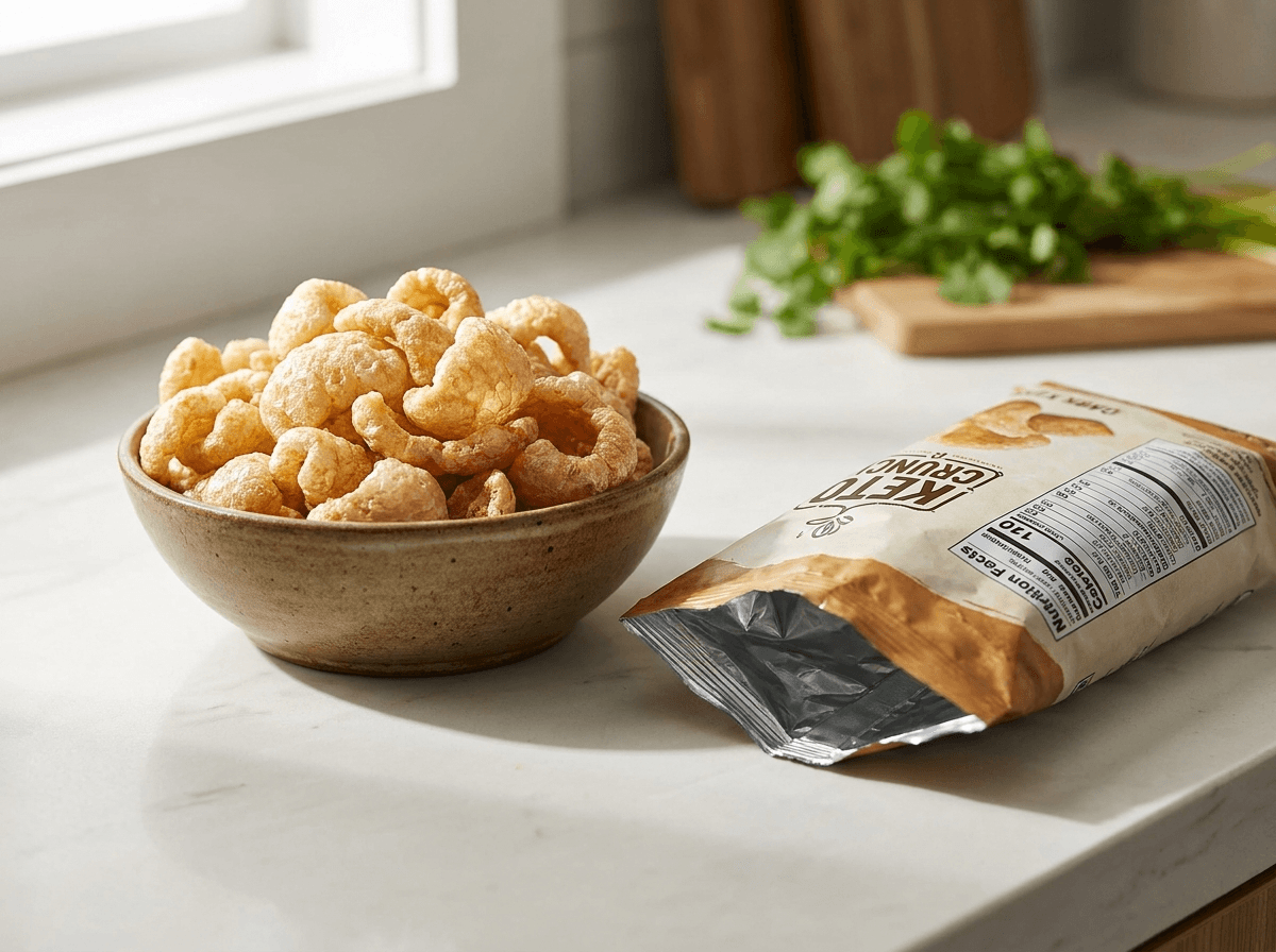 Pork rinds in a bowl beside packaging for keto friendly snacks label check