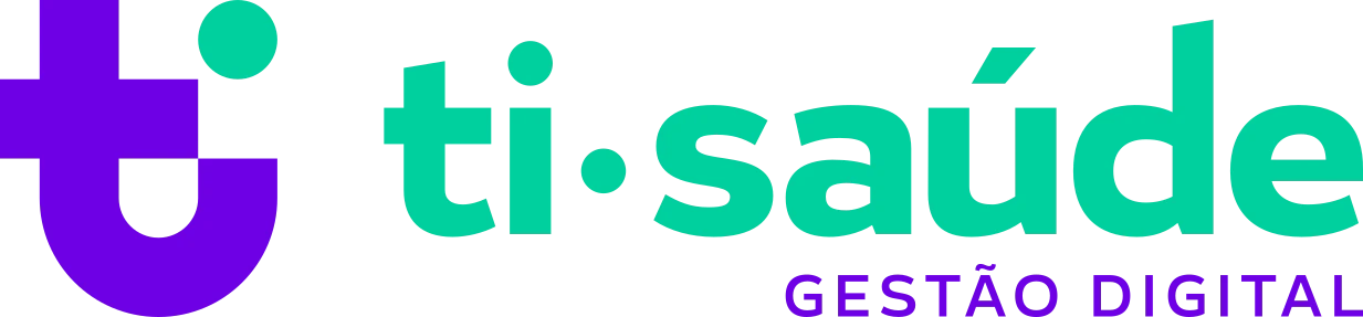 Logotipo da ti-saúde com um 'ti' estilizado em roxo e ponto verde-água, seguido pelo nome "ti-saúde" em verde-água e a frase "GESTÃO DIGITAL" em roxo abaixo.
