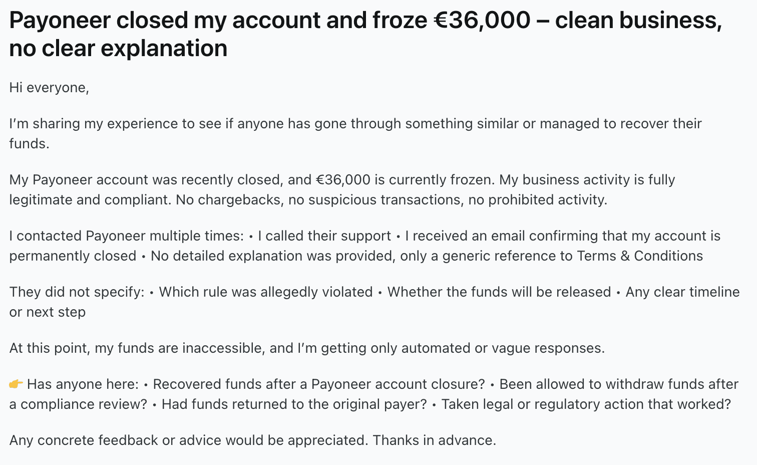 Payoneer user review on Reddit