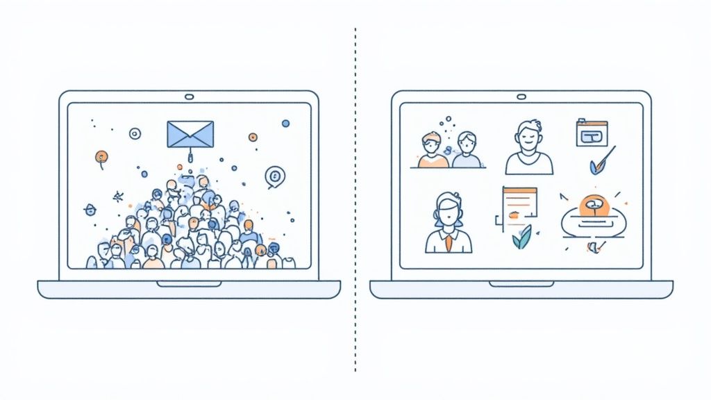 Illustration contrasting chaotic mass communication with strategic, organized internal communication on two laptop screens.