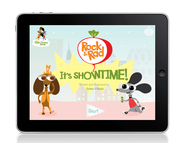 A cartoon mouse in a red shirt stands in front of a tablet displaying cereal being poured, excitedly planning to become the band manager for The Woofers and reminding them to eat breakfast.
