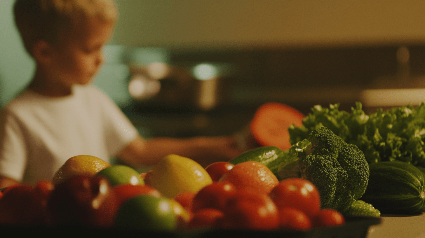 Nutrition education materials on a table with fruits and vegetables, with a faint image of a child cooking in the background