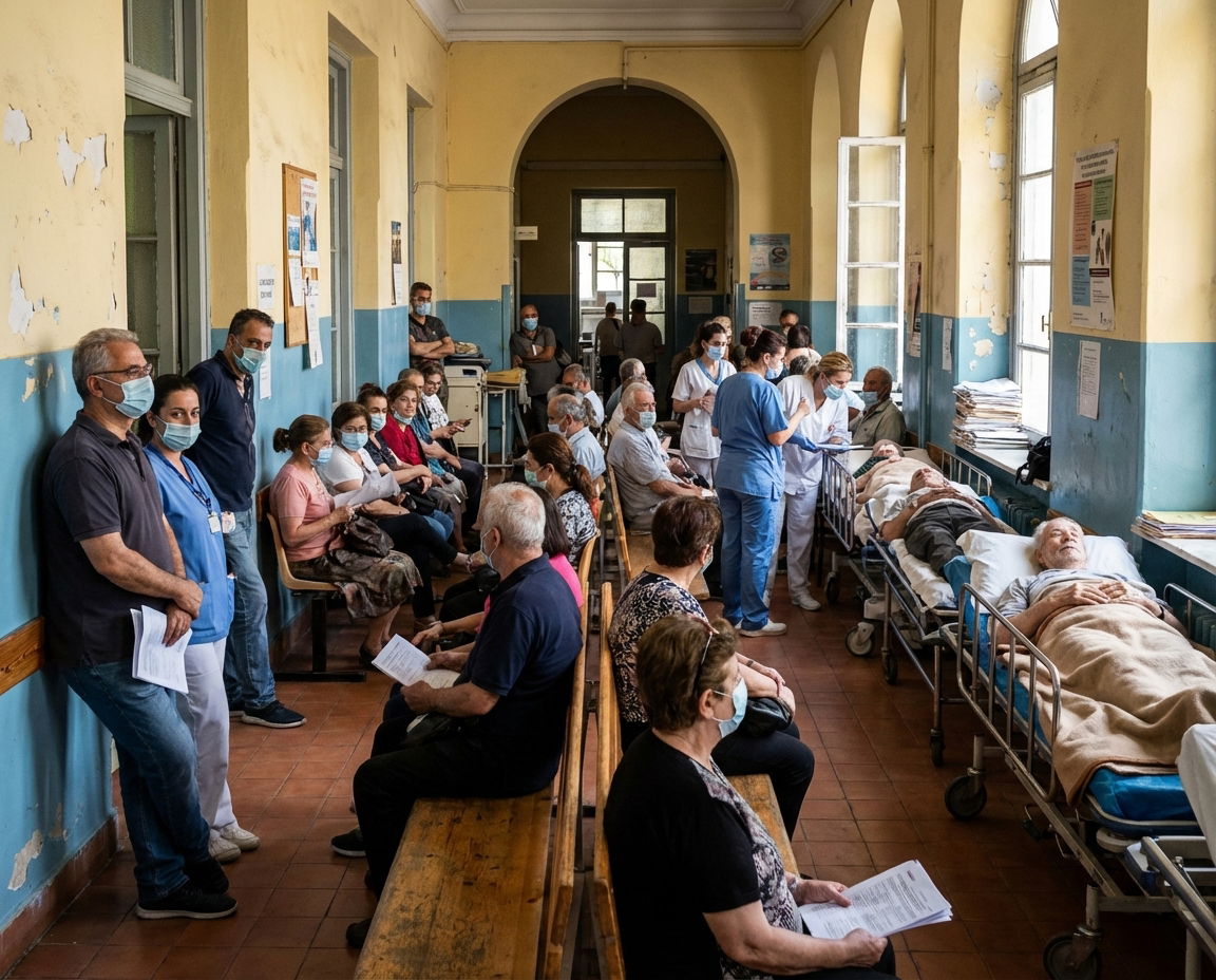 Crowded hospital waiting area in Greece illustrating long wait times.