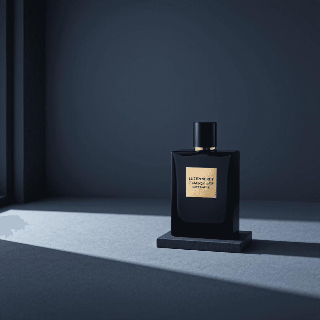 product photography of a bottle of perfume and a box of perfume packaging
