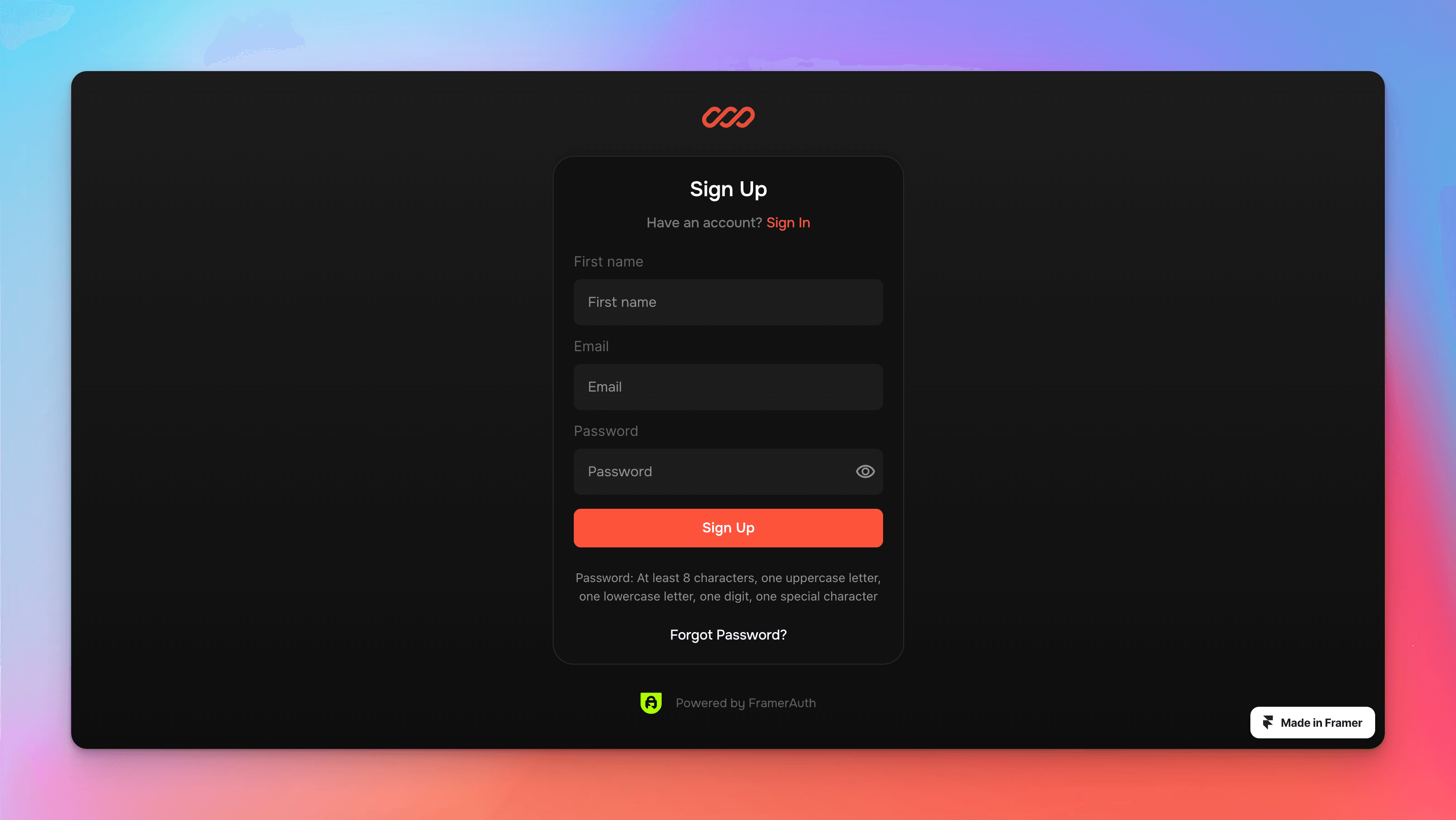Sign up form FramerAuth