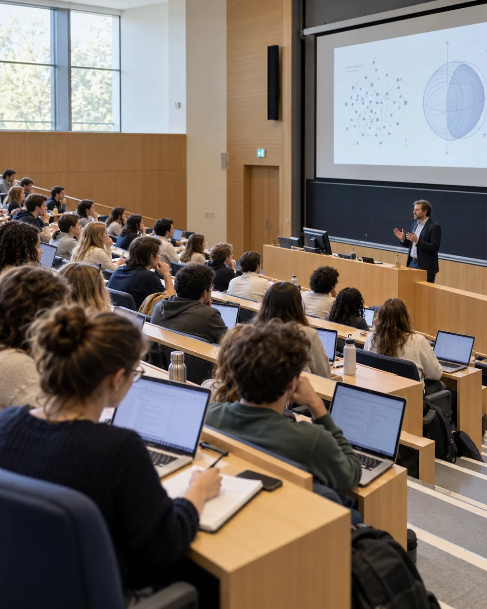 Des étudiants suivent un cours magistral dans un amphithéâtre universitaire.