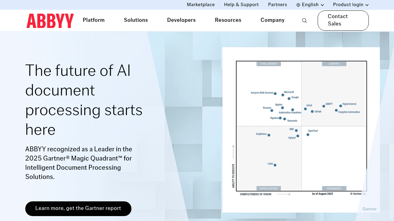 ABBYY homepage displaying OCR and document processing solutions with multilingual text recognition and business automation tools