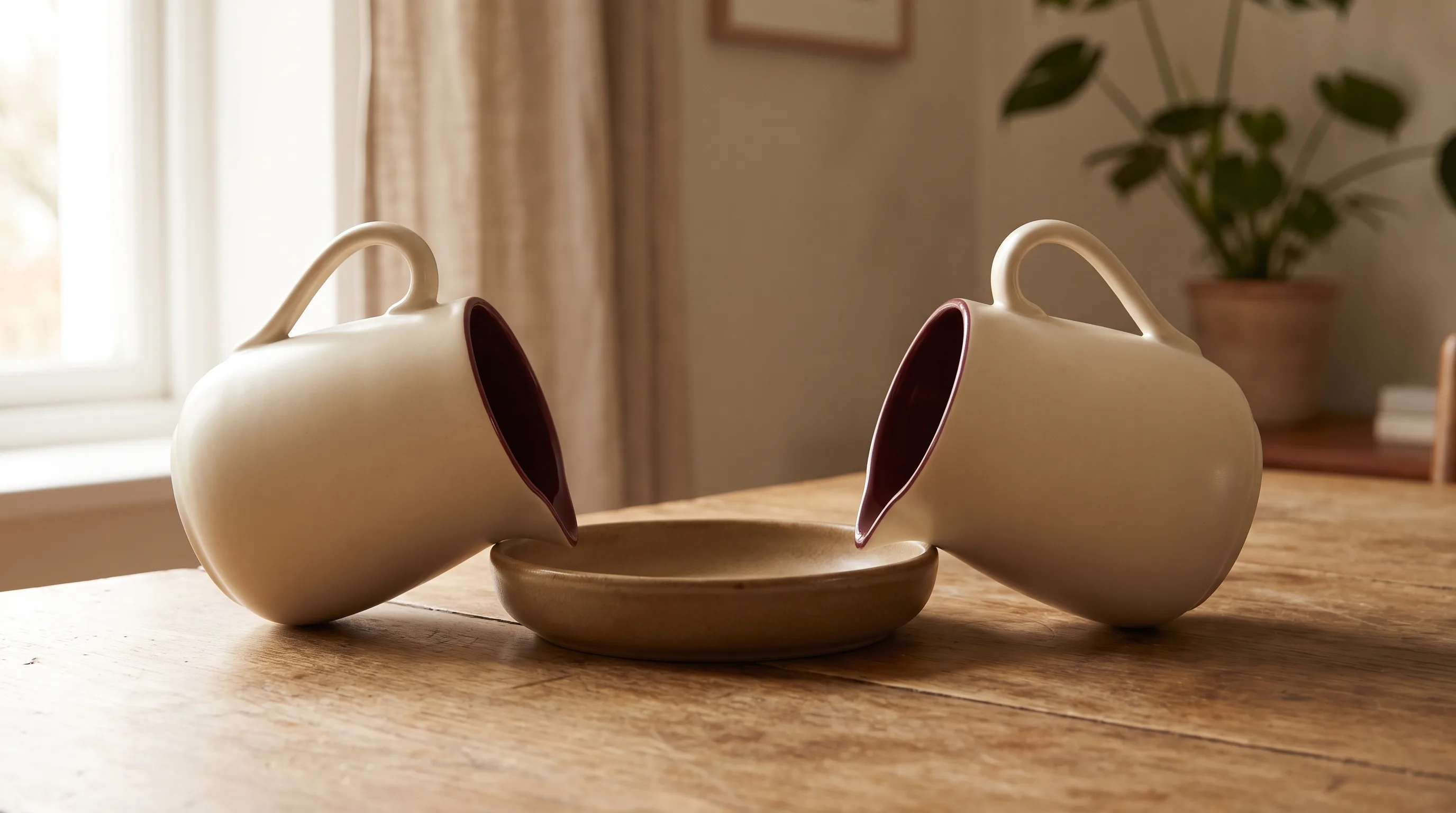 Two matching vessels tipped gently towards each other so their openings meet over a single shallow dish