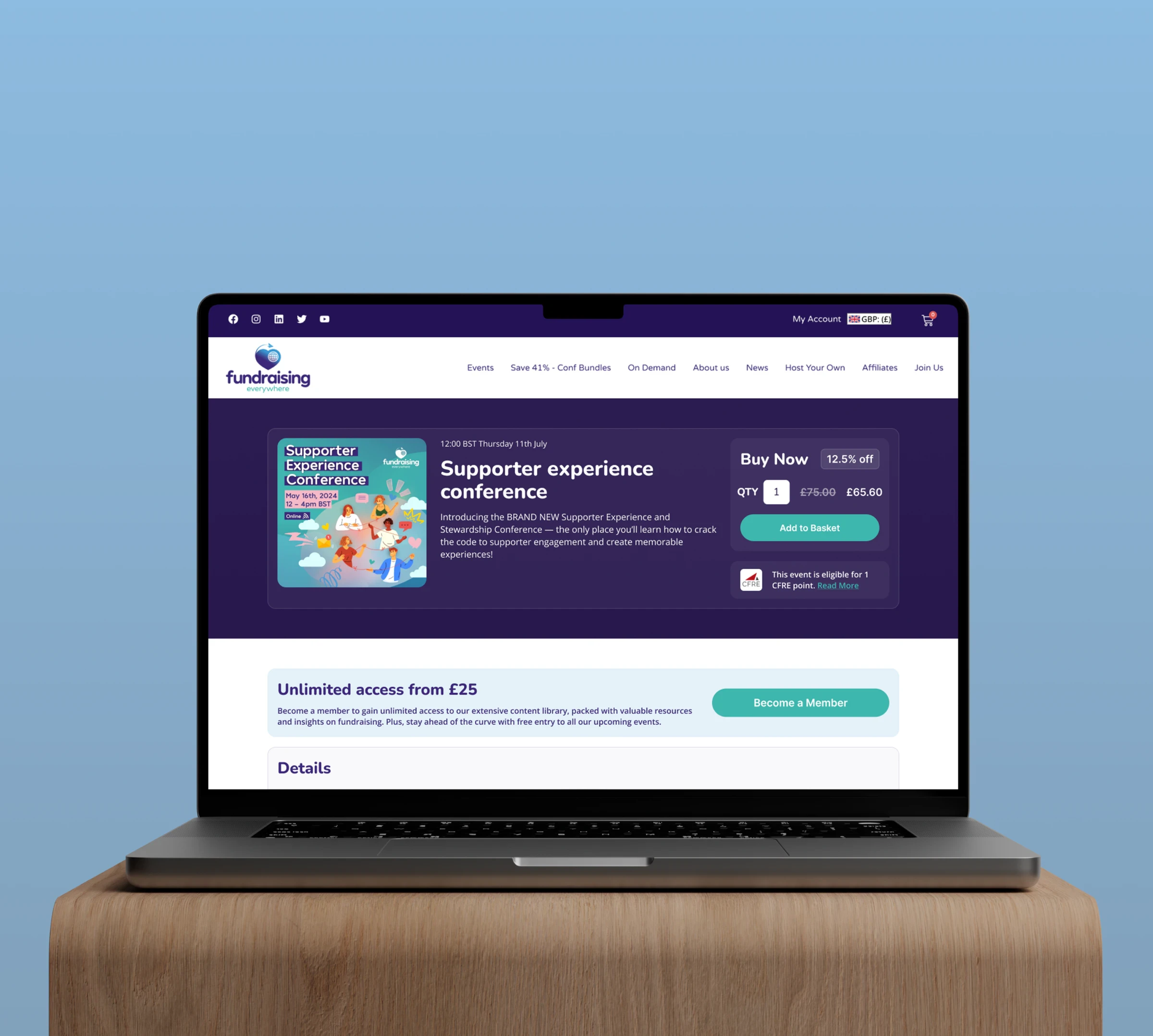 Event page on a laptop: Supporter experience conference, with a Buy Now box showing the discounted price and the Unlimited access from £25 band below