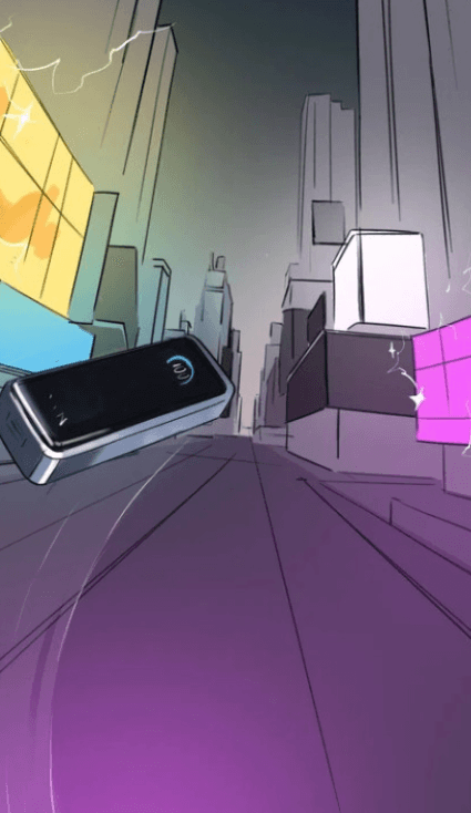 Comic-style sketches showing an Anker power bank flying through a city