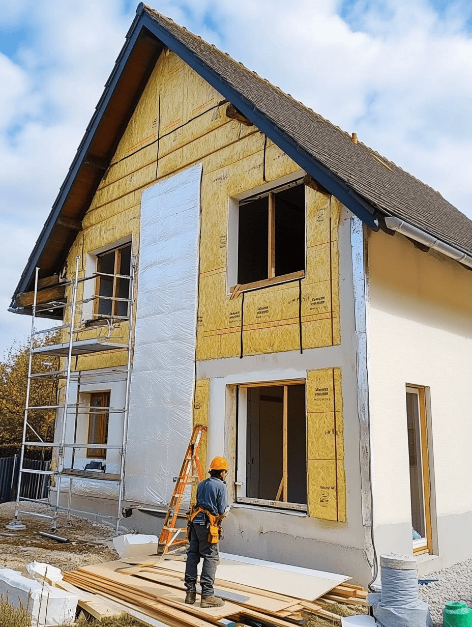 Maison en cours d’isolation avec échafaudage