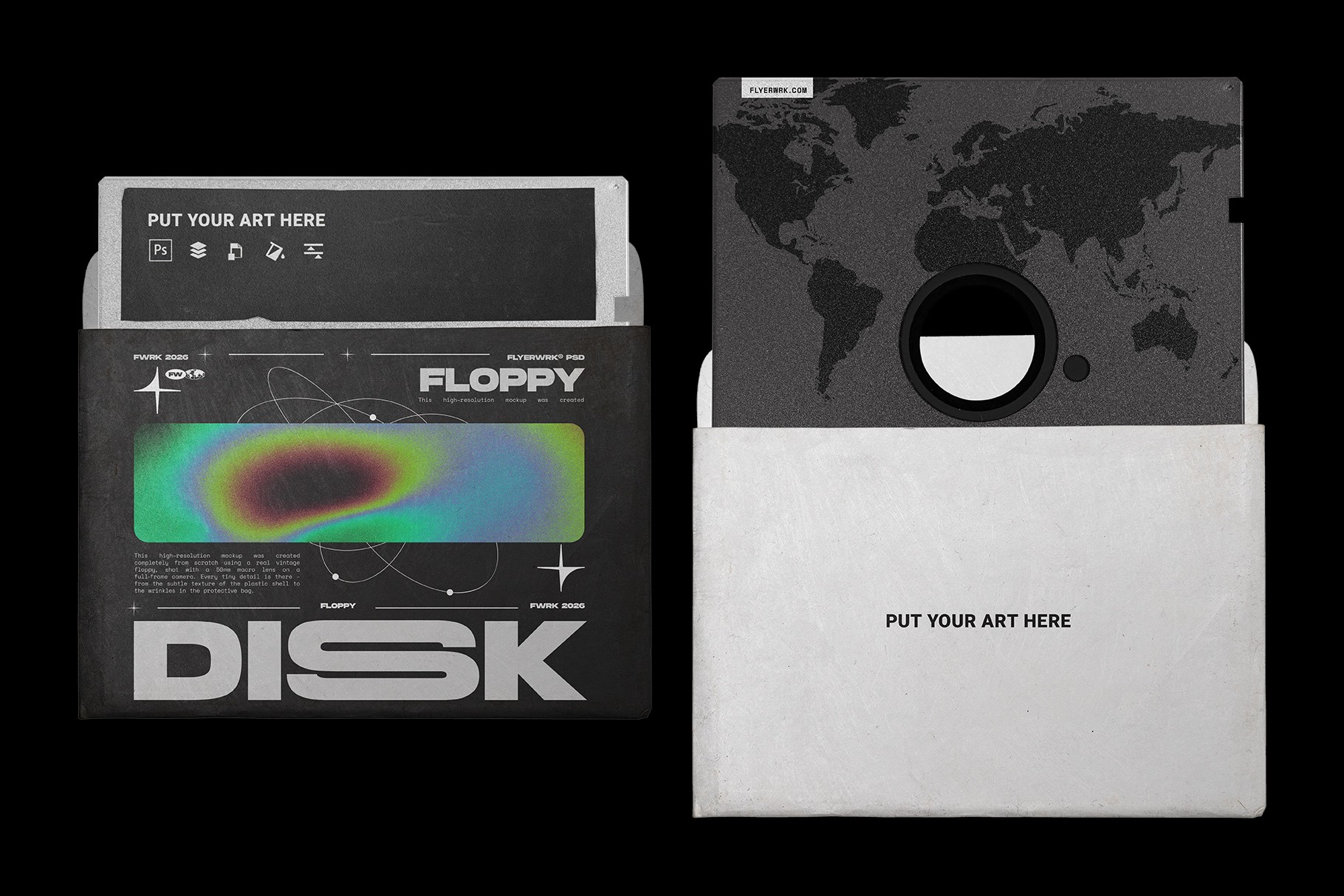 Vintage Floppy Disk 5.25 inch Mockup displaying a black disk inside a high-detail holographic textured sleeve