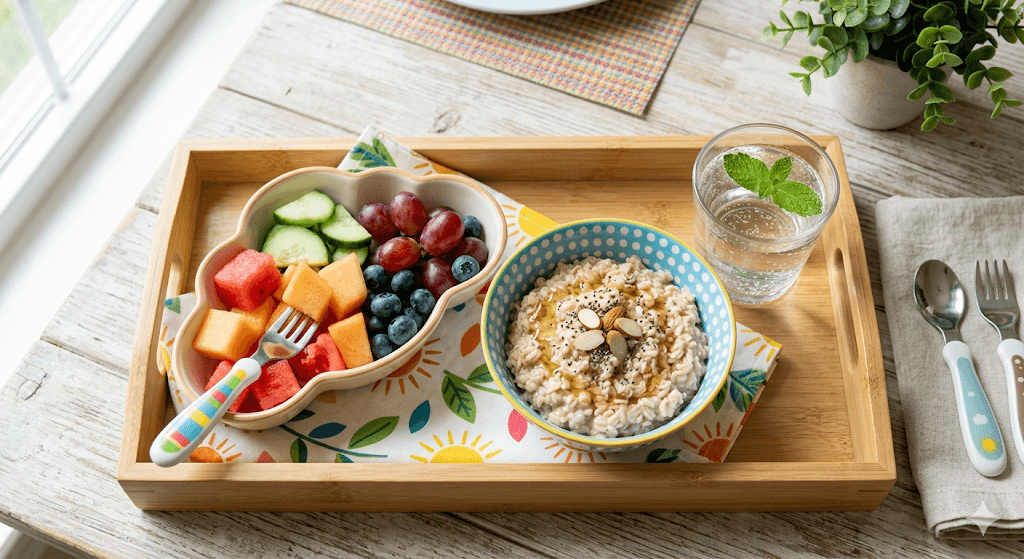 A beautifully arranged, kid-friendly snack tray focusing on hydration and gentle fiber. The tray includes colorful, sensory-friendly cut fruits, a small bowl of oats, and a bright glass of water. Bright natural lighting, appetizing and practical, shot from an overhead angle on a clean wooden table.