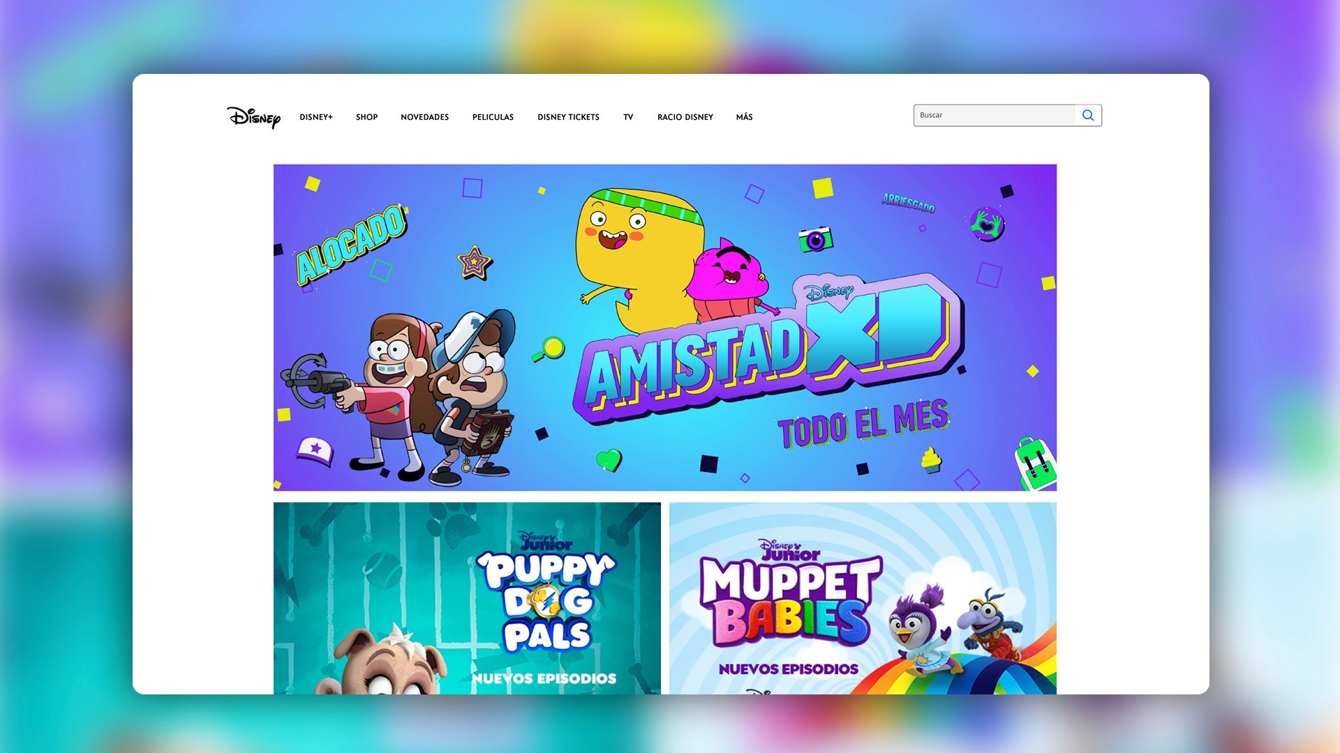 Web de Disney Latino promocionando "Amistad XD", con Puppy Dog Pals y Muppet Babies sobre un fondo azul vibrante.