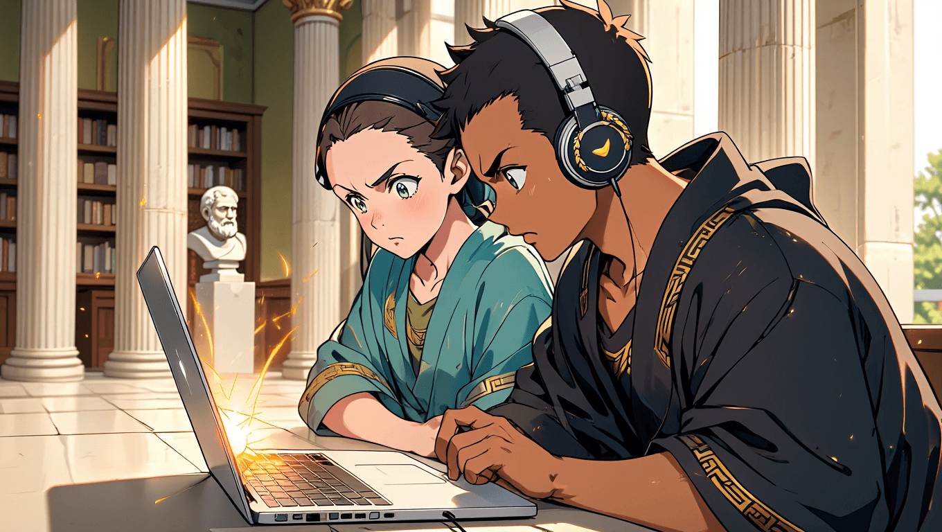 Two smiling students collaborating on a laptop in a modern study space