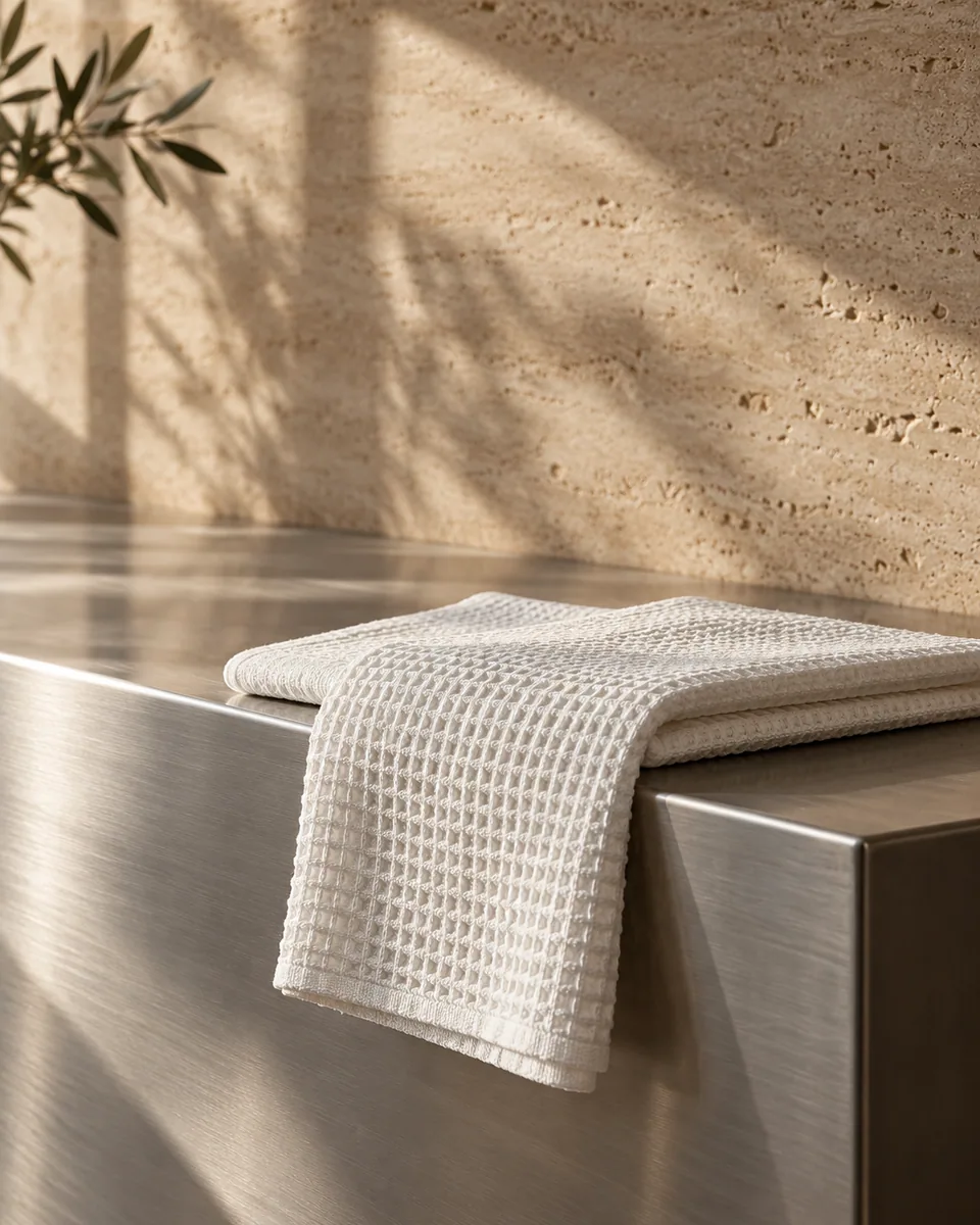 AI-generated illustrative folded white cloth on steel and travertine.