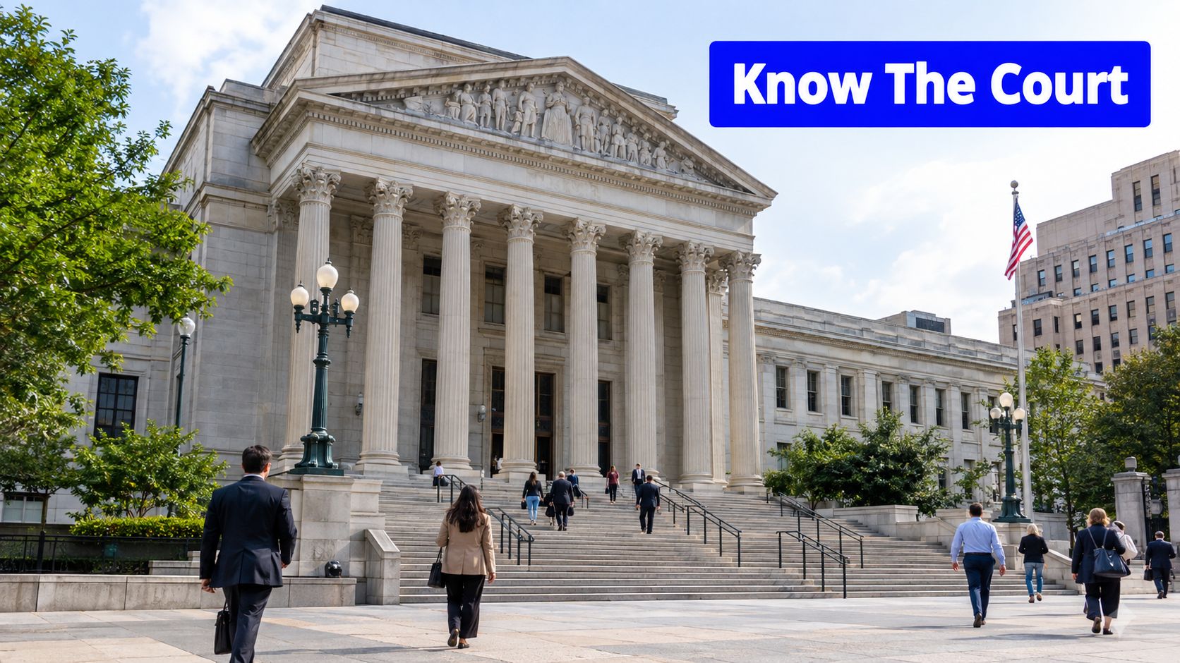 People walking toward the grand neoclassical entrance of a courthouse building on a sunny day.