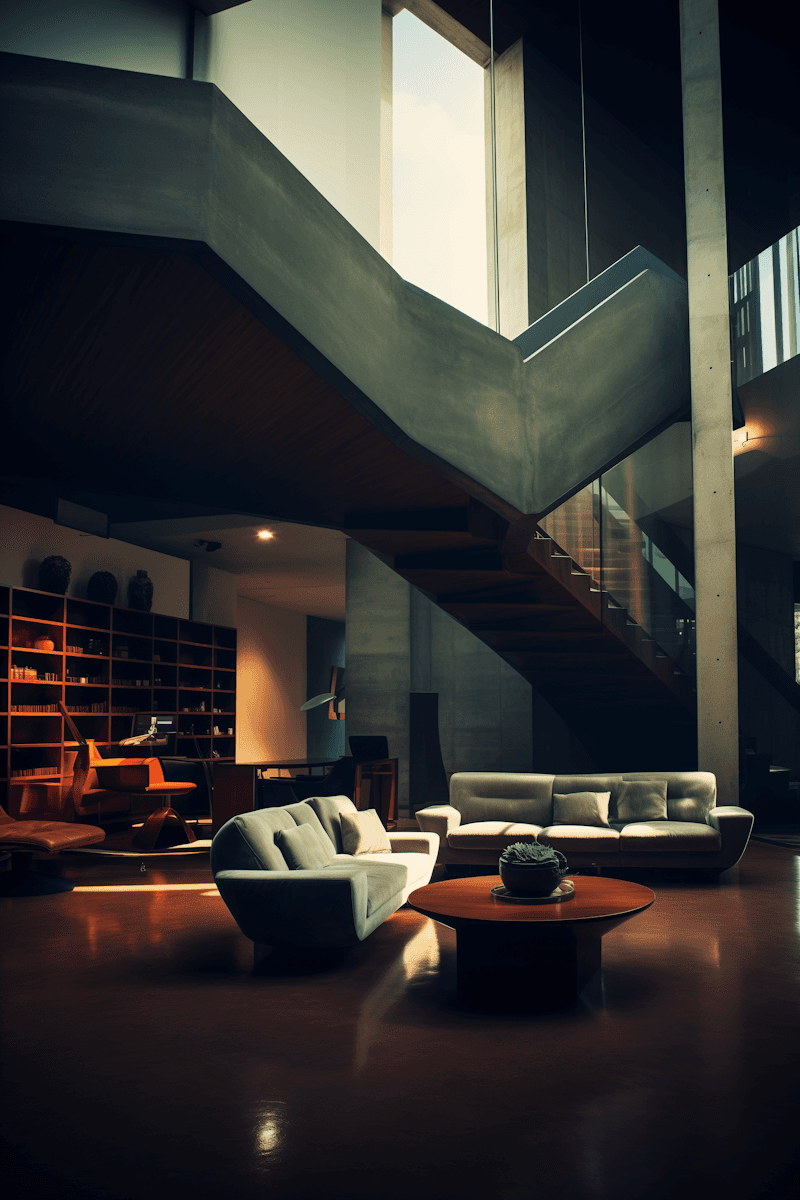 Dramatic double-height living room featuring a curved concrete floating staircase, white curved sofas, and warm amber library shelving in a luxury modern home