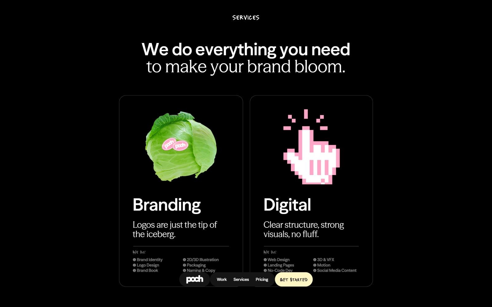Black background with text: "We do everything you need to make your brand bloom." Two sections: "Branding" with lettuce image, "Digital"...