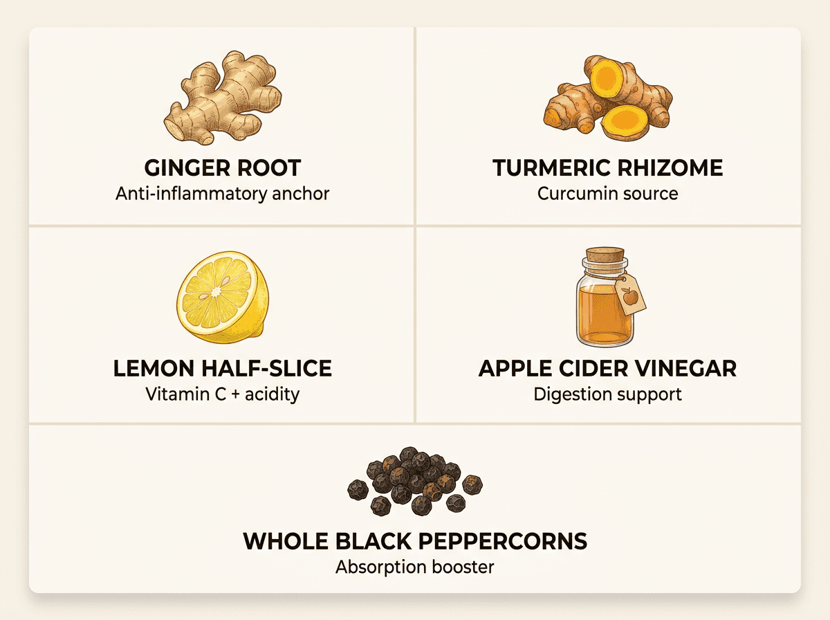 Infographic of five immunity shot ingredients with labels and functions