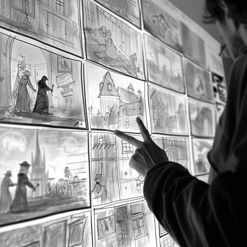 Verschiedene Zeichnungen eines Storyboards an einer Wand.