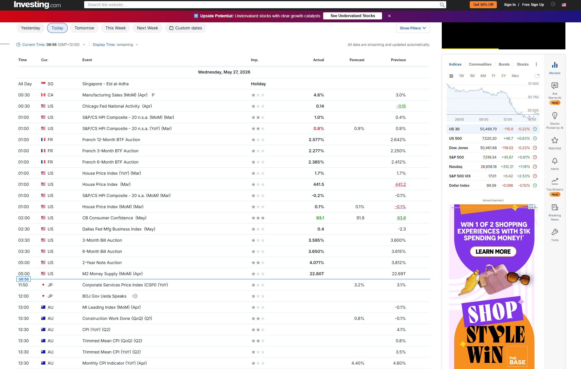 Investing Economic Calendar Homepage