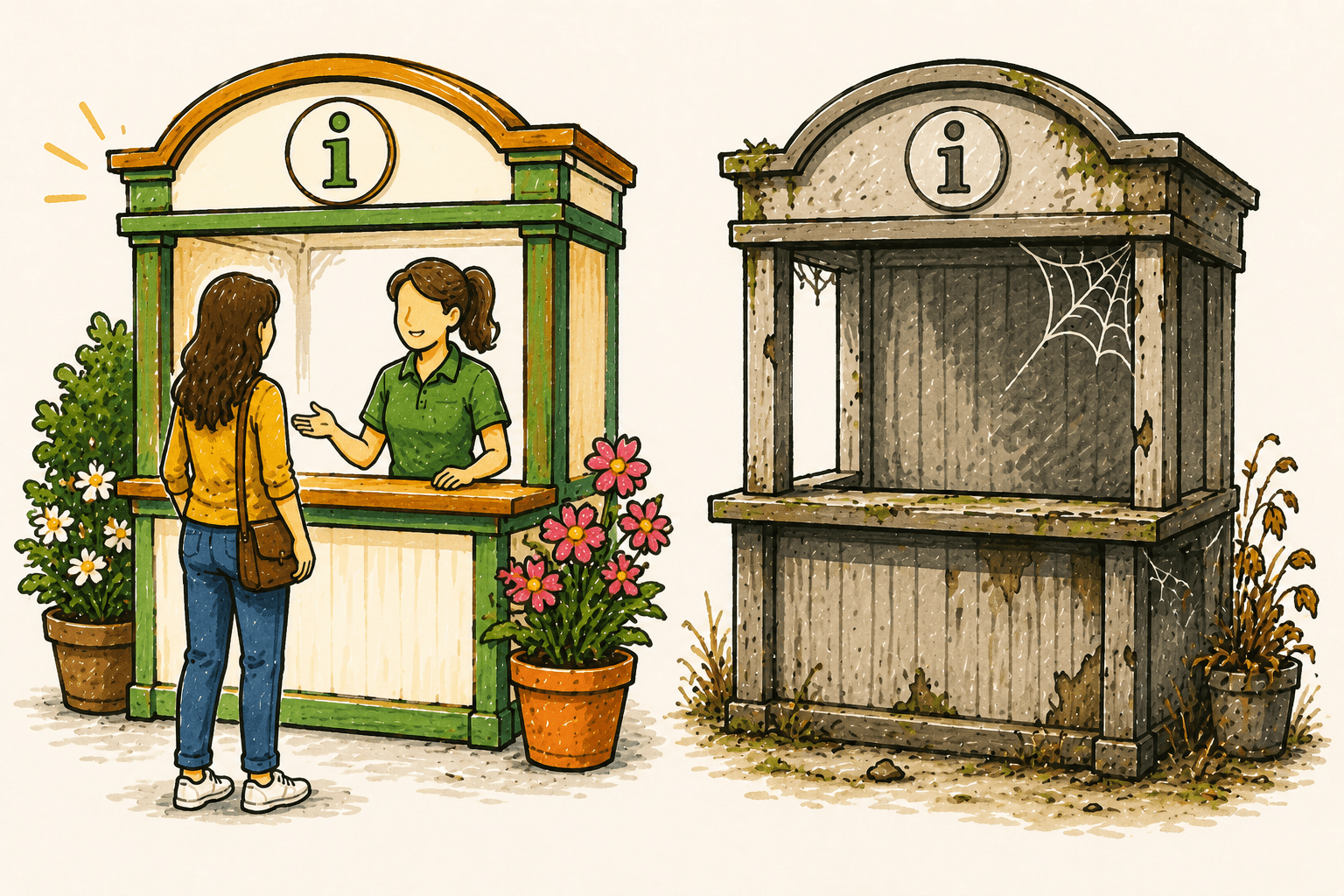 Hand-drawn illustration of two information kiosks standing side-by-side. One kiosk is active and staffed by a helpful attendant assisting a visitor, while the neighboring kiosk sits abandoned with cobwebs and signs of neglect, representing the difference between a website that answers customer questions and one that leaves visitors without help.