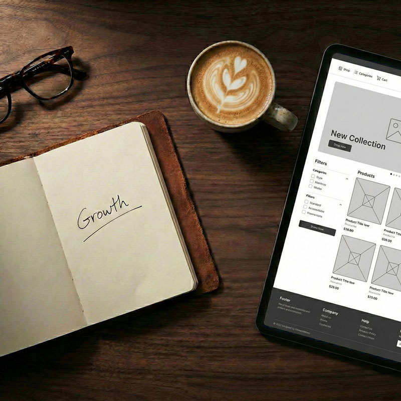 A top-down photograph of a dark wood desk shows an open leather notebook with the word "Growth" handwritten on a page, a pair of tortoiseshell eyeglasses, a cup of cappuccino with latte art, and an iPad displaying a wireframe for an e-commerce website.