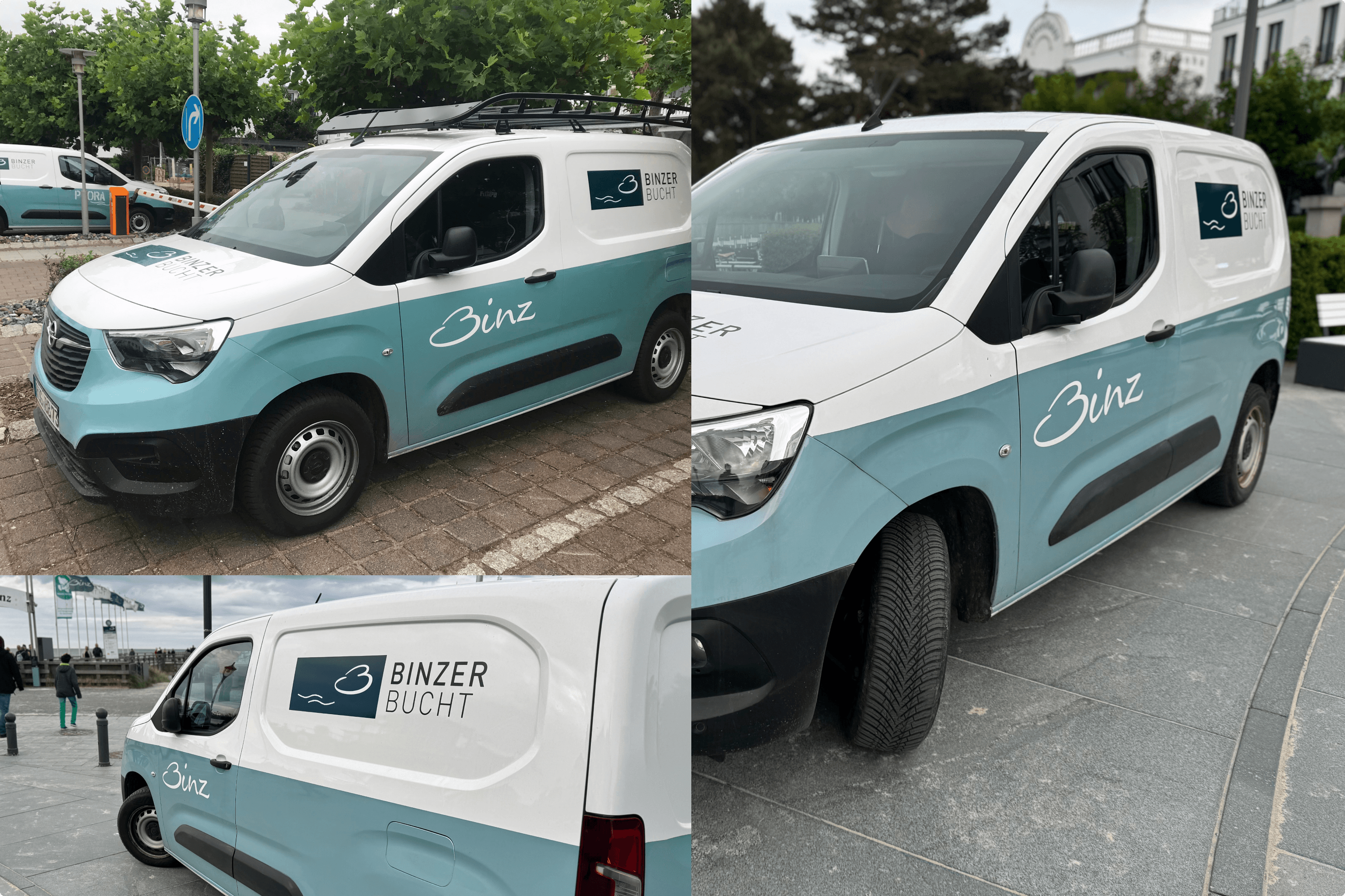 White and teal vans with "Binz" logo.