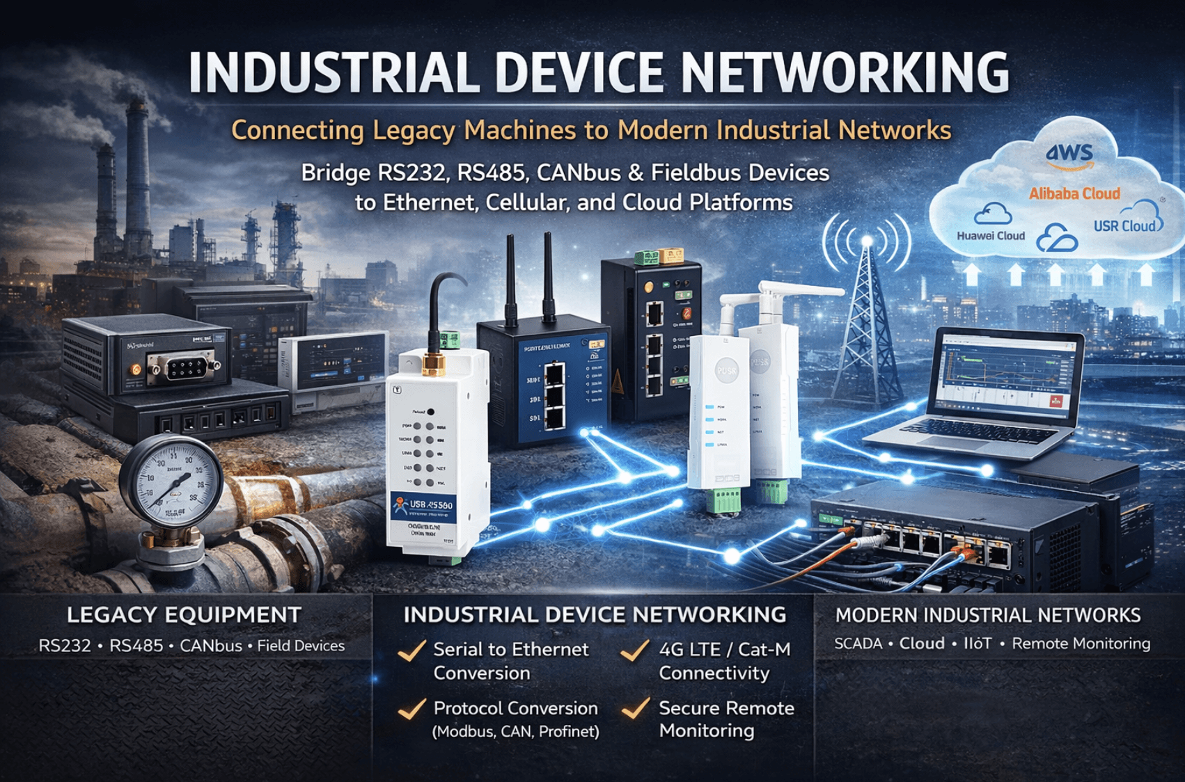 Industrial device networking solutions connecting legacy RS232 RS485 and CANbus equipment to modern Ethernet cloud and IIoT systems