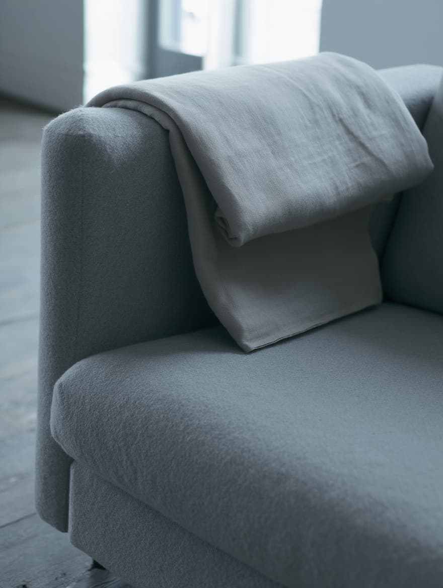 A plush, light gray sofa is adorned with a neatly folded gray blanket draped over its back in a modern, minimalist living room with large windows.