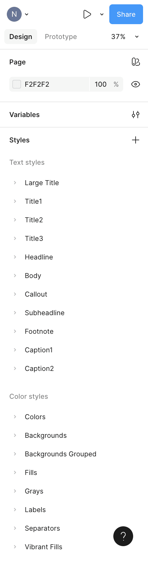 The sidebar of a design software features sections for "Page," "Variables," and "Styles." 