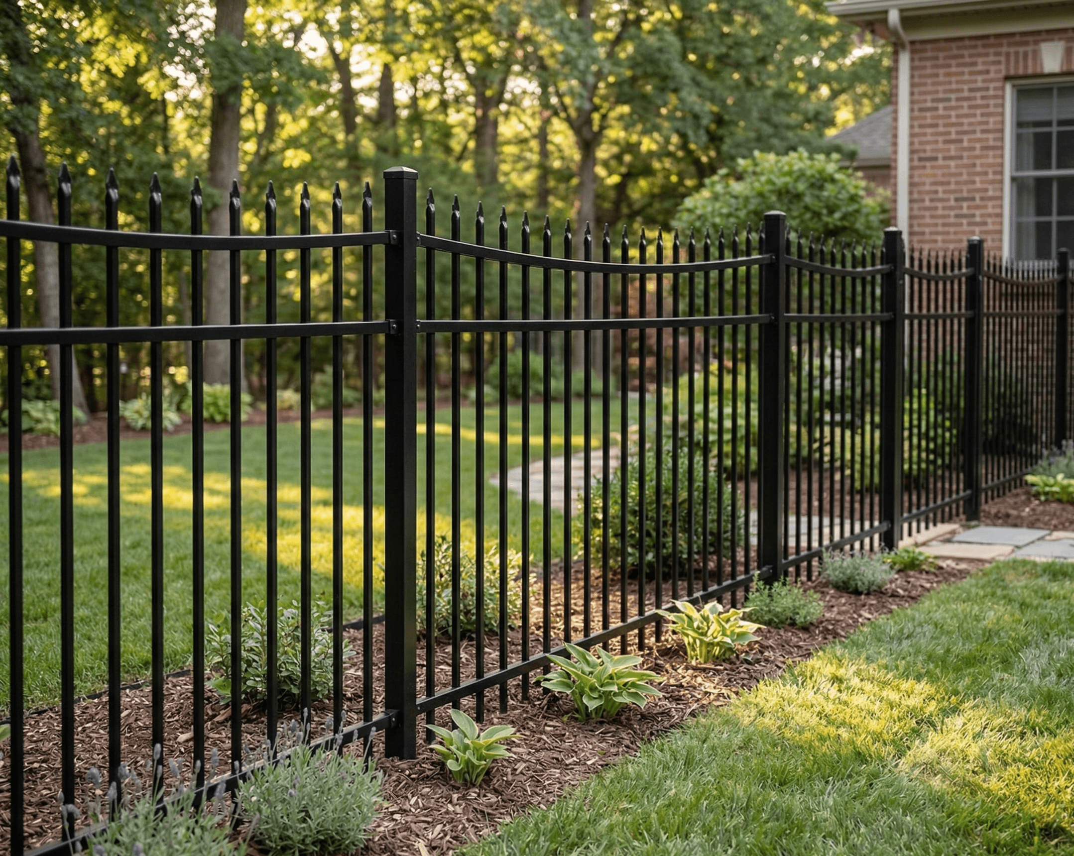 Close up of powder-coated black aluminum fence pickets and rails