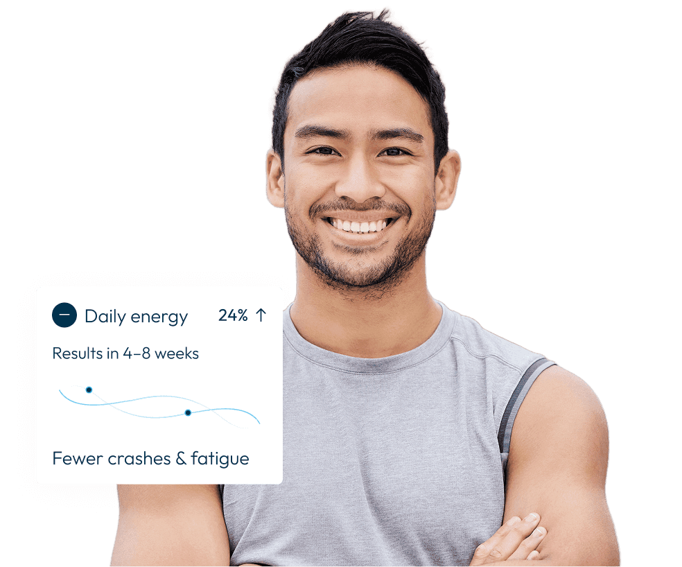 A man with an illustration of his health metrics improvement