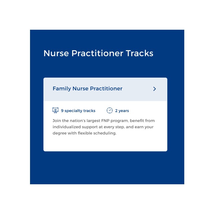 Blue background with white text reads "Nurse Practitioner Tracks." A highlighted section shows "Family Nurse Practitioner," offering "9 specialty tracks" over "2 years."