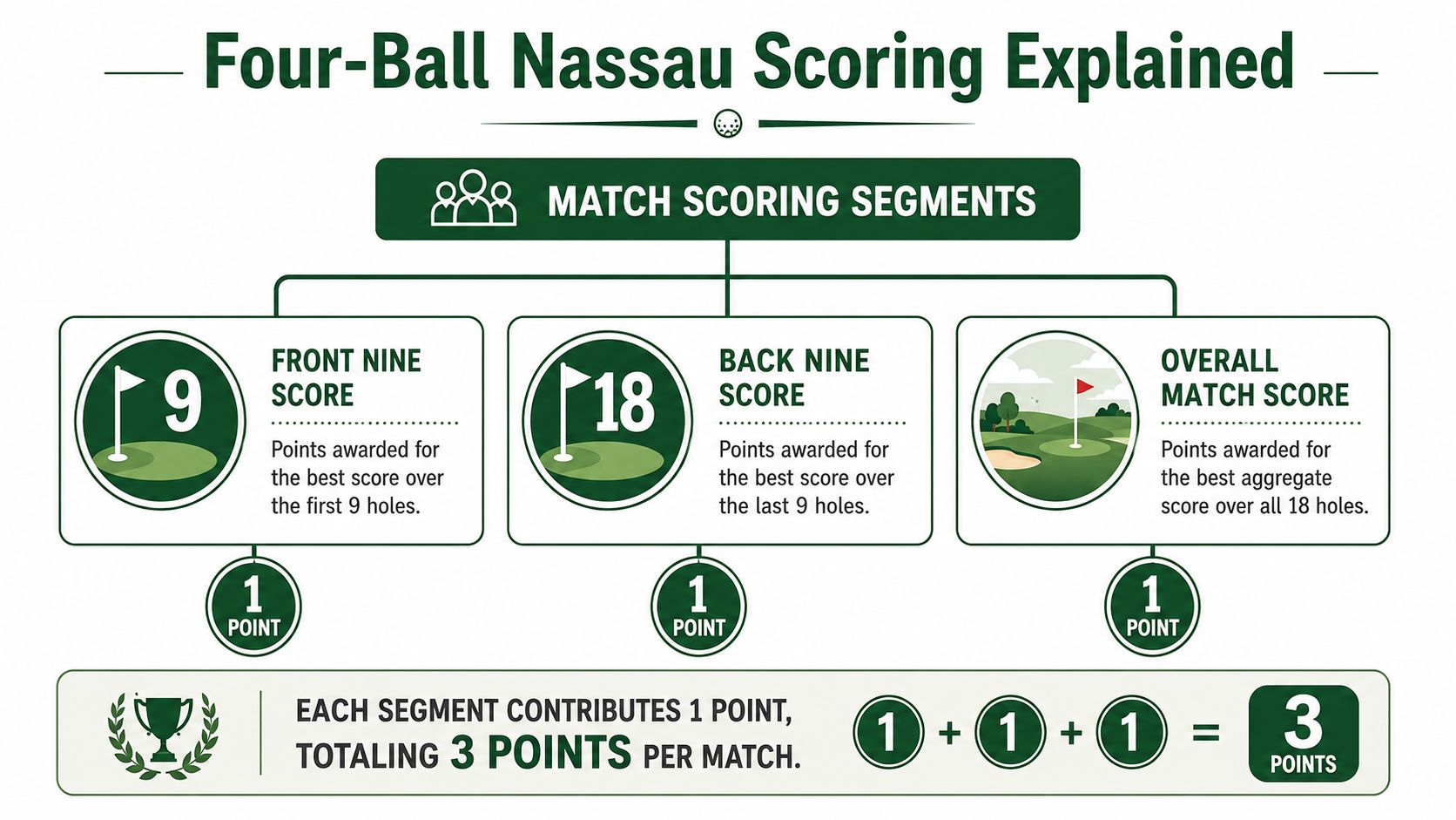A diagram explaining the three-point scoring structure of a Four-Ball Nassau golf match including front, back, and overall scores.