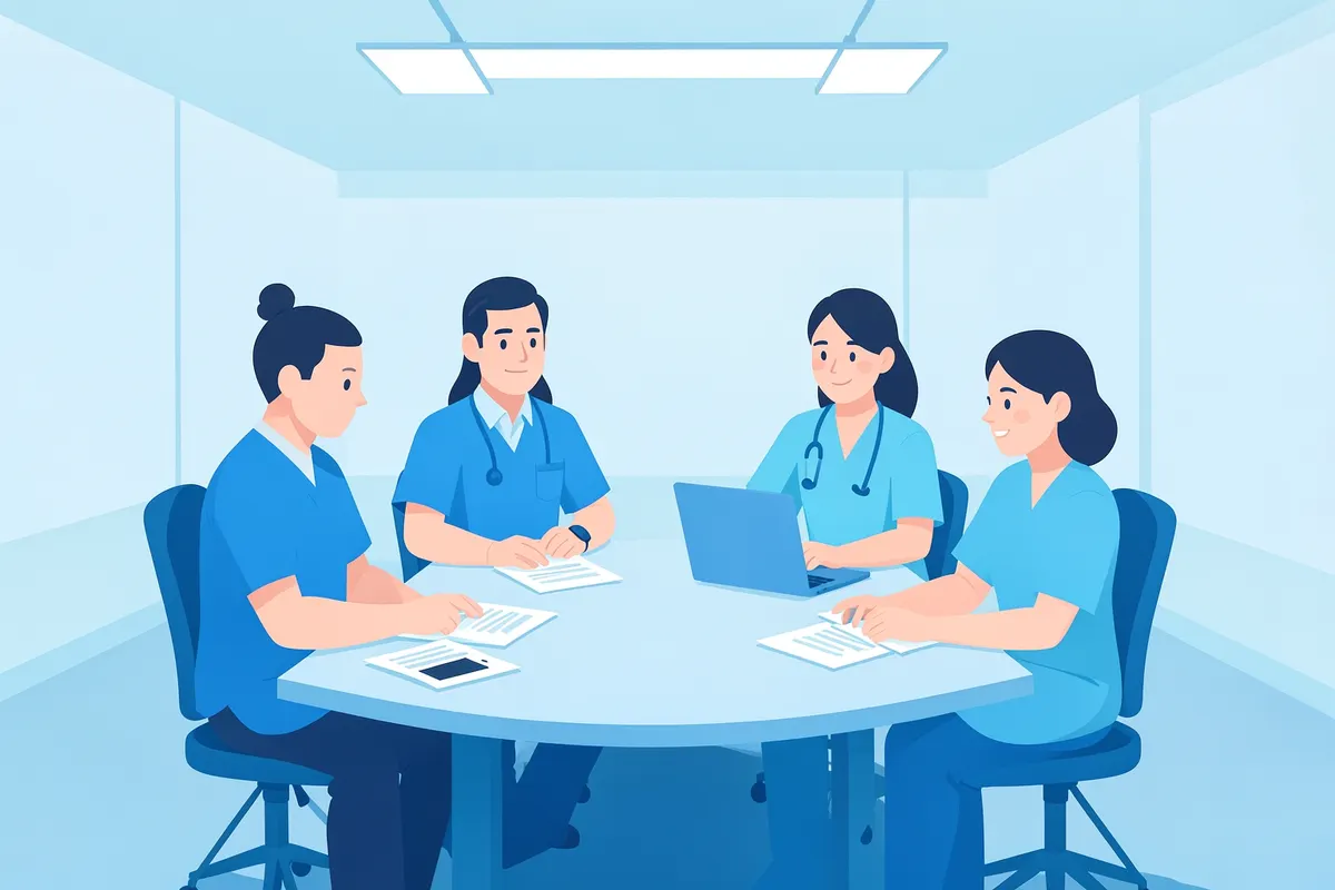 A diverse group of healthcare professionals in a meeting, collaborating around a table with documents.